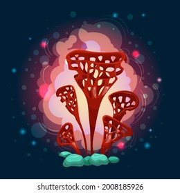 Mushrooms. Magic drawings with mushrooms. On a dark background, flares and twinkling stars. A beautiful, mysterious sticker. For print and web pages