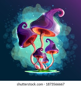 Mushrooms. Magic mushrooms in a fairy-tale fog and fireflies. On a dark background. A beautiful, mysterious sticker. Modern colors and lines.