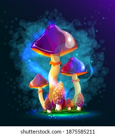 Mushrooms. Magic mushrooms in a fairy-tale fog and fireflies. On a dark background. A beautiful, mysterious sticker. Modern colors and lines.