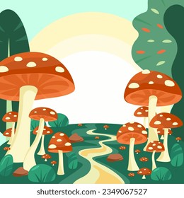 Mushrooms in magic forest. Fantastic woods landscape with trees, mushrooms, Large fly agaric, grass in mystic light, path and stones. Vector cartoon illustration.