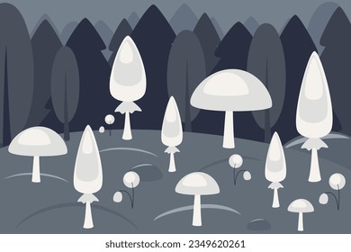 Mushrooms in magic forest at night. Fantastic woods landscape with trees, mushrooms, flowers and grass in mystic light, path and stones. Vector cartoon illustration