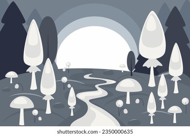 Mushrooms in magic forest at night. Fantastic woods landscape with trees, mushrooms, flowers and grass in mystic light, path and stones. Vector cartoon illustration