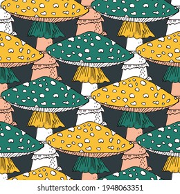 Mushrooms magic hand drawn seamless vector pattern. Mushroom mystic seamless background for printing, fabric, textile, manufacturing, wallpapers.