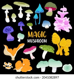 Mushrooms magic set on black background. Different color and shape fungus. Vector illustration. Set for game.