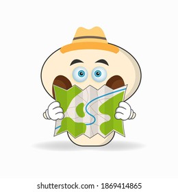 The mushrooms mascot character holds a map. vector illustration