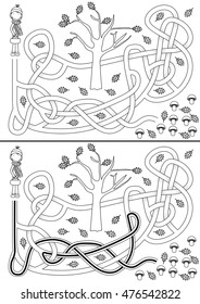 Mushrooms maze for kids with a solution in black and white