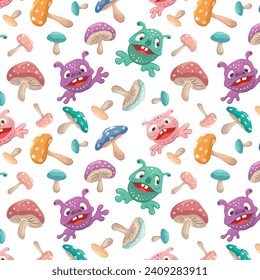 Mushrooms and monsters pattern. Forest madness. Amazing design for wallpaper, children's textile, textile