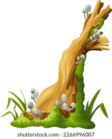 Mushrooms, moss on logs. Cartoon stump in toadstools in swamp forest. Poisonous  shrooms, broken tree in tropical damp jungle. Isolated vector element on white background for computer game.