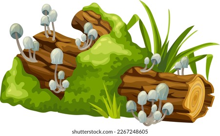 Mushrooms, moss on logs. Cartoon stump in toadstools in swamp forest. Poisonous  shrooms, broken tree in tropical damp jungle. Isolated vector element on white background for computer game.