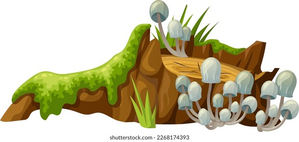 Mushrooms, moss on logs. Cartoon stump in toadstools in swamp forest. Poisonous  shrooms, broken tree in tropical damp jungle. Isolated vector element on white background for computer game.