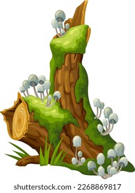 Mushrooms, moss on logs. Cartoon stump in toadstools in swamp forest. Poisonous  shrooms, broken tree in tropical damp jungle. Isolated vector element on white background for computer game.