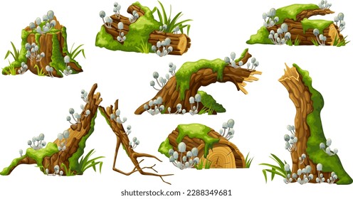 Mushrooms, moss on logs. Cartoon stump in toadstools in swamp forest. Poisonous  shrooms, broken tree in tropical damp jungle. Isolated vector element on white background for computer game.