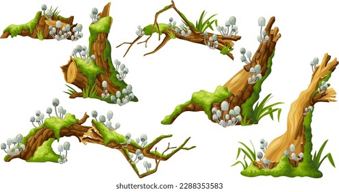 Mushrooms, moss on logs. Cartoon stump in toadstools in swamp forest. Poisonous  shrooms, broken tree in tropical damp jungle. Isolated vector element on white background for computer game.