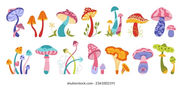 Mushrooms mystical boho magic set. Stylizes hippie poisonous and edible mushrooms. Organic porcini and chanterelle, psychedelic fungus. Tattoo or stickers retro alchemy collection vibrant vector