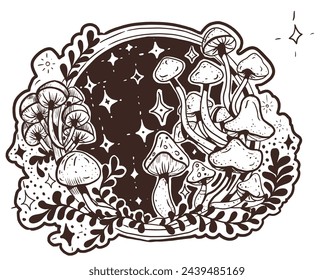 Mushrooms mystical magical graphics hand drawn moon stars tarot intuition fly agarics toadstools poisons set background stickers coloring