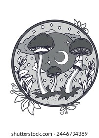 Mushrooms mystical magical graphics hand drawn moon stars tarot intuition fly agarics toadstools poisons set background stickers coloring