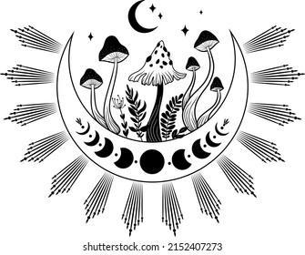 Mushrooms. Mystical mushrooms. Poster. Vector illustration.