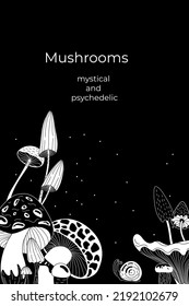 Mushrooms mystical and psychedelic. Doodle style.