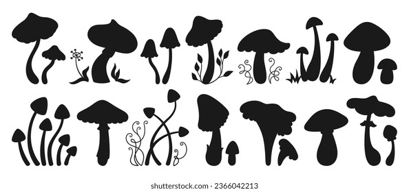 Mushrooms mystical silhouette set. Stylizes hippie toxic poisonous and magic edible mushrooms shape. Organic porcini and chanterelle, psychedelic fungus. Alchemy figure black collection vector