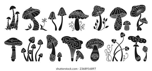 Mushrooms mystical stylizes stamp or engraving set. Boho magic poisonous and edible stencil mushrooms. Organic line poisonous psychedelic fungus etching style. Print ornament fungus vector collection