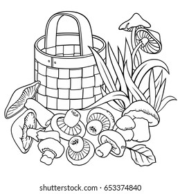Mushrooms nature cartoon vector hand drawn outline illustration