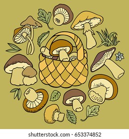 Mushrooms nature cartoon vector hand drawn illustration