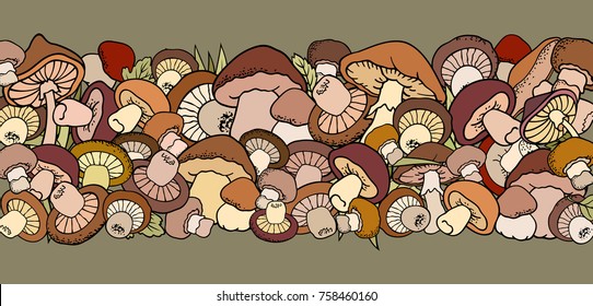 Mushrooms nature cartoon vector hand drawn border