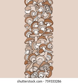 Mushrooms nature cartoon vector hand drawn monochrome border