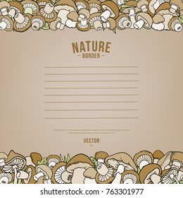 Mushrooms nature cartoon vector hand drawn monochrome border