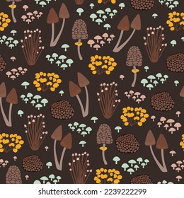 Mushrooms, nature, forest, abstract natural seamless pattern. Black background. Hand drawn, vector