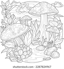 Mushrooms and nature.Coloring book antistress for children and adults. Illustration isolated on white background.Zen-tangle style. Hand draw - Shutterstock ID 2287824967