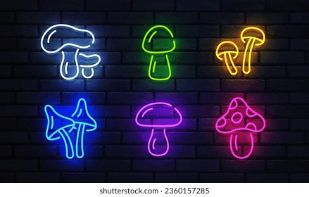 Mushrooms neon sign, bright signboard, light banner. Mushrooms icon neon, emblem. Vector illustration