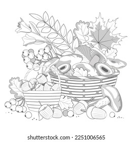 Mushrooms, nuts, accorns, berries, autumn leaves and wicker baskets. Coloring book page. Vector illustration.