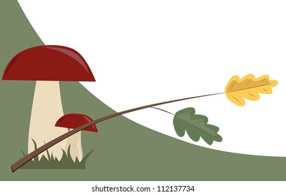 mushrooms and oak branch with autumn leaves on a green background, vector illustration