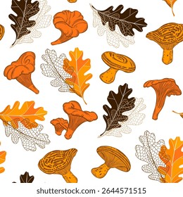 Cogumelos e folhas de carvalho. Ilustração desenhada à mão colorida em branco. Padrão de vetor contínuo.  Perfeito para modelos de design, papel de parede, embalagem, tecido, impressão e têxtil. 
