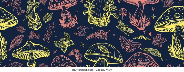 Mushrooms. Old school tattoo vector seamless pattern. Autumn forest, fly agaric, mushroom grebes, boletus. Traditional tattooing background