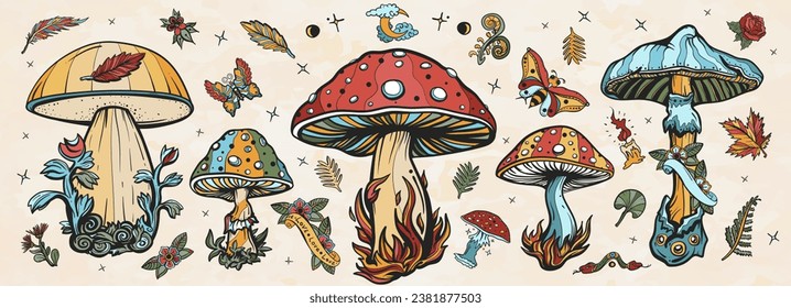 Mushrooms. Old school tattoo vector collection. Autumn forest, fly agaric, mushroom grebes, boletus. Traditional tattooing style