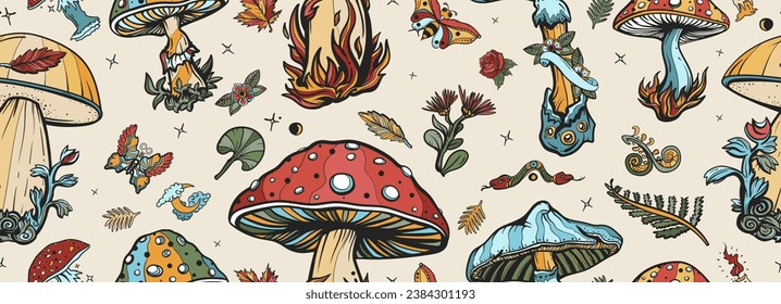 Mushrooms. Old school tattoo vector seamless pattern. Autumn forest, fly agaric, mushroom grebes, boletus