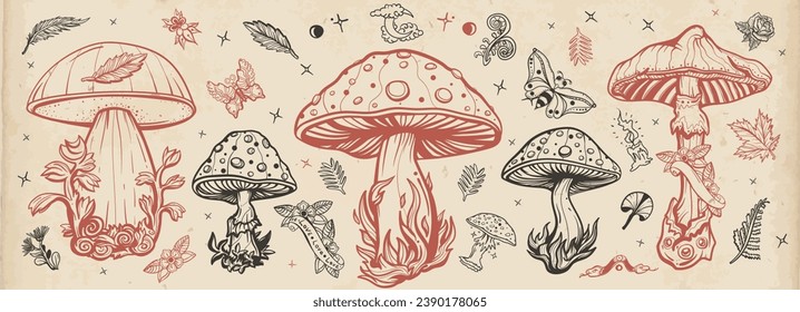 Mushrooms. Old school tattoo vector collection. Autumn forest, fly agaric, mushroom grebes, boletus