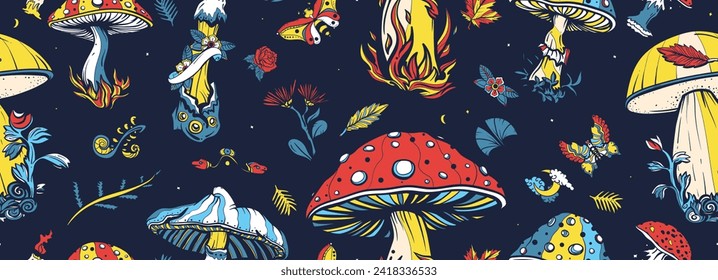 Mushrooms. Old school tattoo vector seamless pattern. Traditional tattooing background. Autumn forest, fly agaric, mushroom grebes, boletus