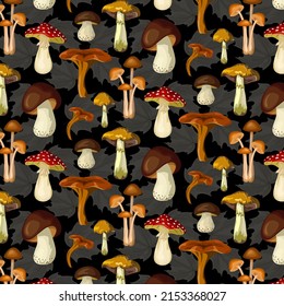 Mushrooms on a black background.Colored vector pattern with mushrooms and leaves on a black background.