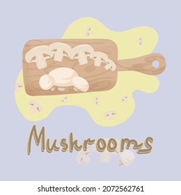 Mushrooms on a cutting board, top view. 