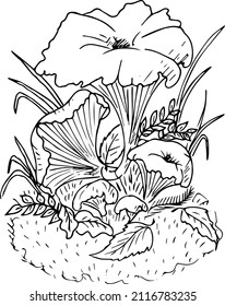 Mushrooms on the lawn in the grass .Simple mushroom silhouette vector isolated. Black and white illustration ,doodles,abstraction,vector.