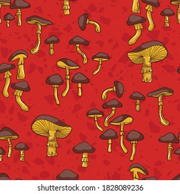 Mushrooms on Red Texture Background Vector Seamless Pattern