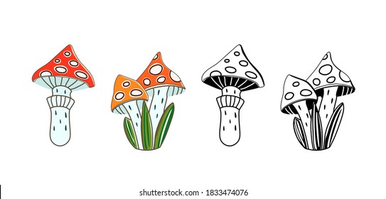 Mushrooms on a white background. Vector illustration. Autumn set of icons. Halloween. Abstract, hand drawn, decorative mushrooms. Harvest, food, vegetables, mushroom, fly agaric