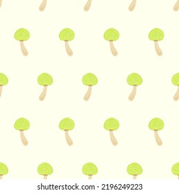 Patrón de hongos. Hongos dibujados a mano sobre un patrón para textiles, telas, fondos, papeles pintados, decoración de cocina, papel de envoltura, etiquetas.