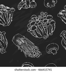 Mushrooms pattern including seamless on a black background. Mushrooms vector illustration.
