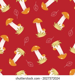 Mushrooms pattern on red background