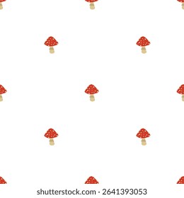 Mushrooms pattern on a white background. Simple seamless pattern with fly agaric mushrooms. Vector design for greeting card and invitation