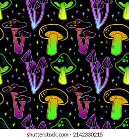 Mushrooms pattern. Psychodelic colored neon shapes mushroom seamless background for print designs recent vector template EPS